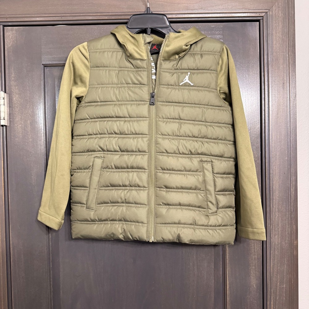 Jordan Boys Olive Green Puffer Jacket Hybrid Hoodie Jumpman Size S